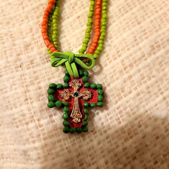 A beaded necklace  with a cross attached with leather Swarovski blue crystal - Picture 2 of 5